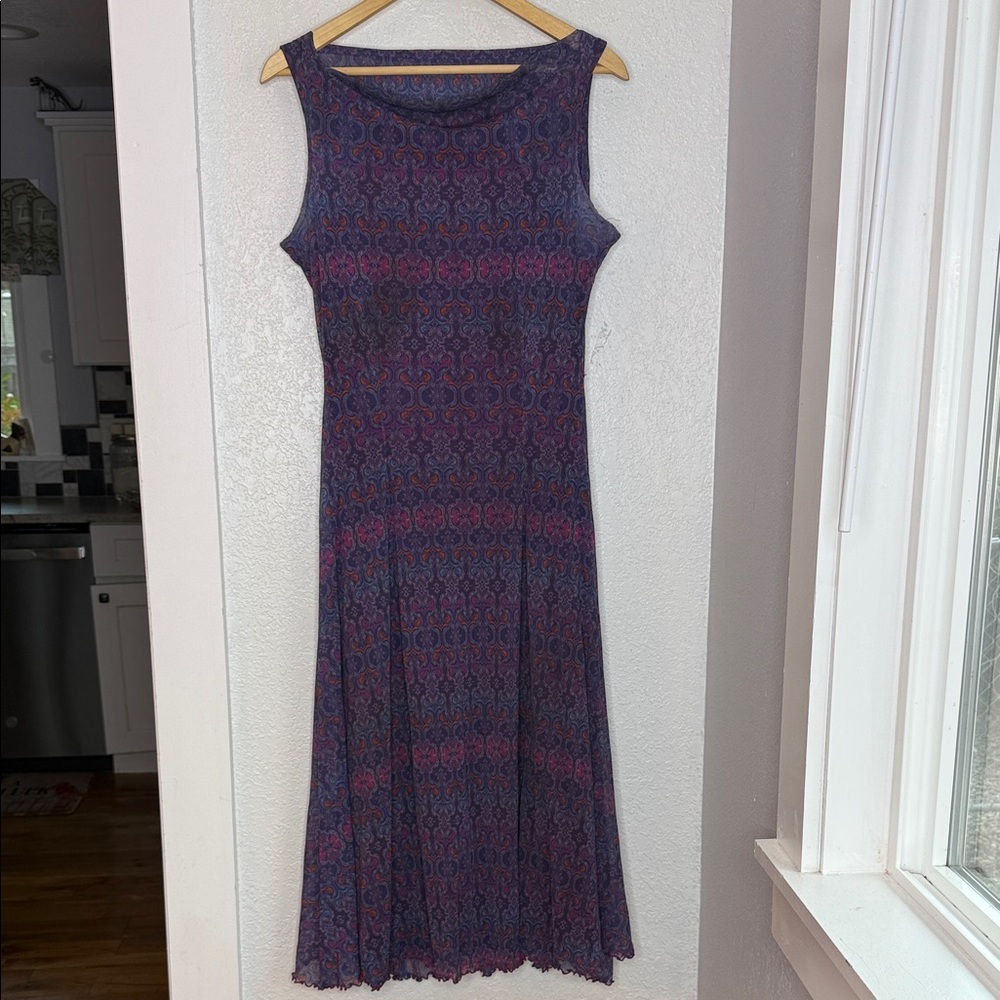 Boho Artsy Sleeveless Abstract Midi Dress Deep Purple Flowy Y2K sheer stretch